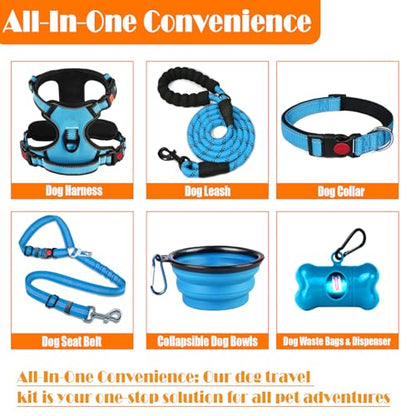LOBEVE No Pull Dog Harness, Collar & Leash Set | Includes Dog Seat Belt, Collapsible Bowls & Poop Bag Dispenser. Ideal for Training, Walking, Hiking. Fits Small to Large Dogs(Blue-XL) - color: Blue, size: X-Large