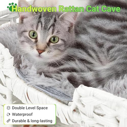 Handwoven Rattan Cat Cave w/Two Cushions, Cat Beds Indoor Kitten House, Waterproof & Foldable Pet Cube Bed, White, 16.5”L x 16.5”W x 12.6”H - color: Gray