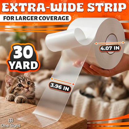 Double Sided Cat Tape for Furniture 4" X 30 Yards – PVC Couch, Carpet and Door Protection with Easy Peel Arrow Marker, Wide Clear Sticky Adhesive Cat Scratch Furniture Protector – Easy to Install