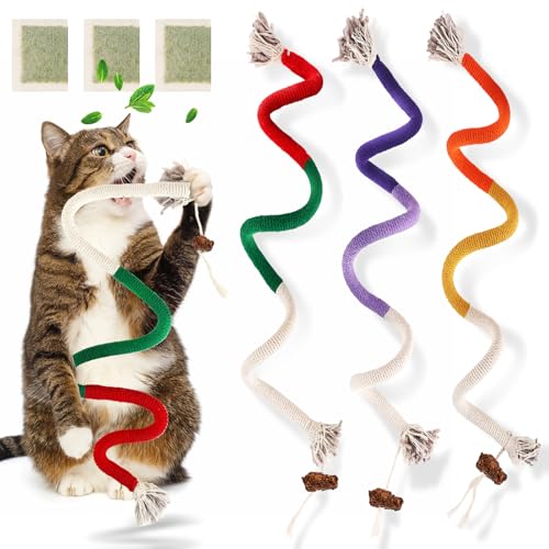 TEAWOO Cat Toys Chew Ropes 3Pcs with Natural Catnip, Safe Teeth Cleaning Toy for Indoor Kittens, Interactive Cat Kitty Toys for All Breeds (27.56 Inches, 3 Bags of Catnip Included)