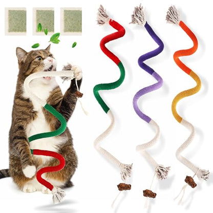 TEAWOO Cat Toys Chew Ropes 3Pcs with Natural Catnip, Safe Teeth Cleaning Toy for Indoor Kittens, Interactive Cat Kitty Toys for All Breeds (27.56 Inches, 3 Bags of Catnip Included)