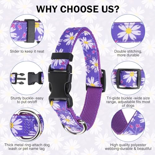 Dog Collar and Leash Set, Adjustable Dog Collars for Small Medium Dogs Boys Girls, Soft Durable Nylon Collar and Matching Leash, Cute Puppy Collars,Purple - color: Purple flower, size: Small(Neck:11.8"-16.2")