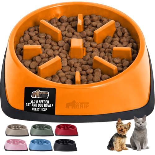 GORILLA GRIP® Patented BPA Free Slow Feeder Dog Bowls, Interactive Puzzle Toy for Dogs and Cats Food Training Enrichment, Keeps Pets Busy and Prevents Puppy Overeating, Small Breeds, 1 Cup, Orange - color: Orange, size: 1 Cup