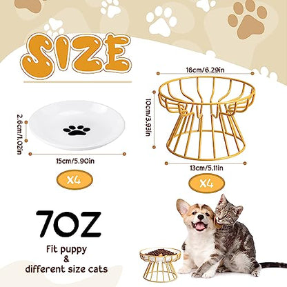 Roshtia 4 Sets Elevated Cat Bowls Ceramic Raised Cat Food Bowls with Metal Stand Dishwasher Safe Dishes Non Slip Elevated Food Plate(Gold,Paw) - color: Gold