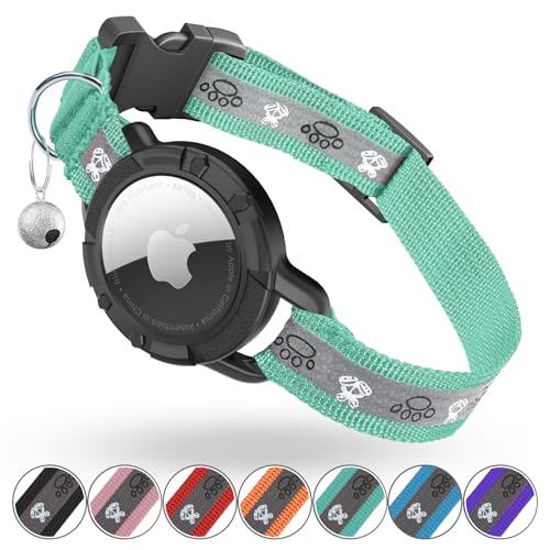 Reflective AirTag Cat Collar, Integrated Cat Tracker Collar with Air Tag Holder and Bell, Safety Elastic Band Cat GPS Collars for Girl Boy Cats, Kittens and Puppies (Green, XS) - color: Green, size: XS(7"-9")