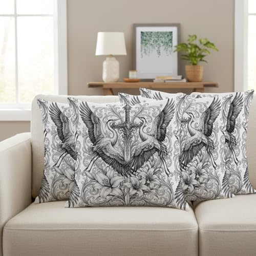 Throw Pillow Covers Set of 4 Sword Lily Flowers Decor Pillow Covers with Zipper Floral Sword Goth Vintage Pillowcase Cushion Cover for Sofa Couch Bed Home 16x16 Inch - color: Black, White, Silver, size: 16" x 16" (Pack of 4)