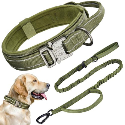 Heavy Duty Tactical Dog Collar and Leash Set, Military Training Nylon Reflective Collar with Handle Metal Buckle for Medium Large Dogs, Green, XL (1 Patch Included) - color: Reflective Collar Green Set, size: XL