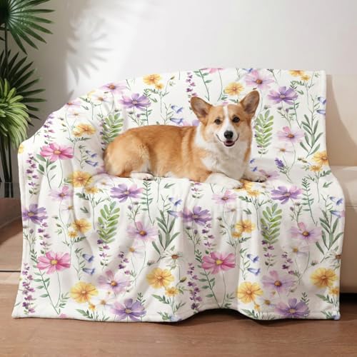 Horaldaily Pets Flannel Blanket, Spring Summer Watercolor Wildflowers Soft Fuzzy Fluffy Plush Cozy Fleece Premium Blankets for Dog Cat Puppy Kitten Couch Protection, 20x30 - size: 20''x30'',Medium