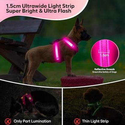 Light Up Small Dog Harness, LED Rechargeable Harness for Small Sized Dog, No Pull Reflective Adjustable Dog Vest Harness with Soft Light, Glow-in-The-Dark for Night Safety Walking (Pink)