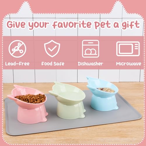 3 Pcs Elevated Cat Bowls 15°Raised Cat Food Bowl with Silicone Mat Whisker Friendly Anti Vomiting Cats Dishes Pet Food and Water Bowls for Indoor Cats Kittens - color: Fashion