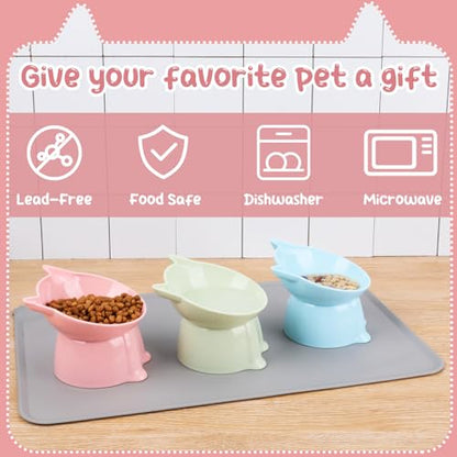 3 Pcs Elevated Cat Bowls 15°Raised Cat Food Bowl with Silicone Mat Whisker Friendly Anti Vomiting Cats Dishes Pet Food and Water Bowls for Indoor Cats Kittens - color: Fashion
