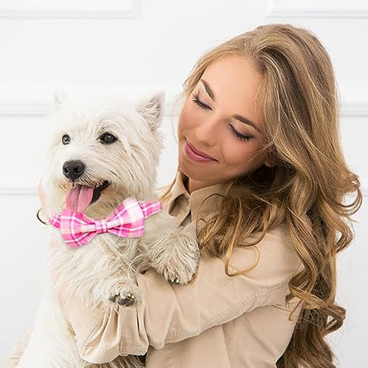 Tunkoo Dog Collar Super Cute Pink Plaid with Bow Tie - Durable Adjustable and Stylish Cotton Pet Collar for Girls Small Medium Large, M - color: Pink Collar, size: Medium