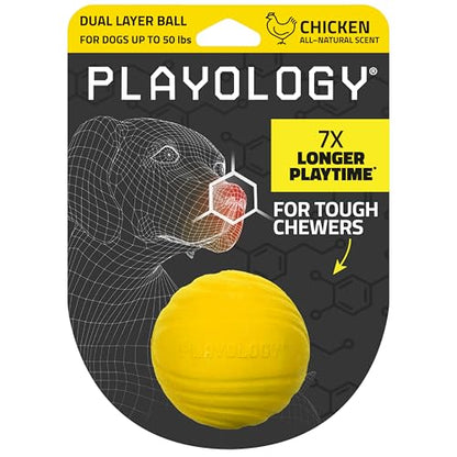 Playology Dog Toys | Dual Layer Ball Durable Chew Toy for Tough Chewers | Chicken Scented Medium Dog Toy | Chew Toys for Dogs - size: Medium, style: Chicken