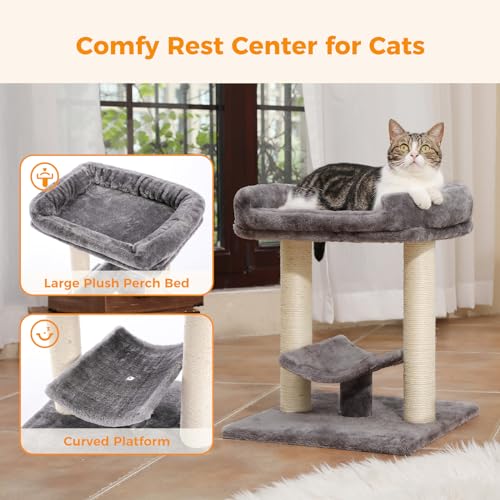 PETEPELA 19" Scratching Post, Cat Tree Tower, 100% Natural Sisal Scratcher With Large Plush Top Perch Bed, Cozy Platform for Kittens and Cats - color: Classic Grey