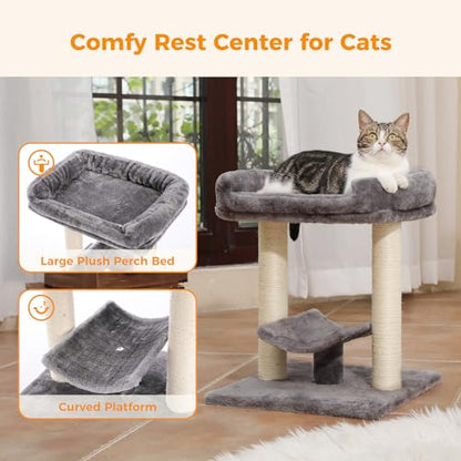 PETEPELA 19" Scratching Post, Cat Tree Tower, 100% Natural Sisal Scratcher With Large Plush Top Perch Bed, Cozy Platform for Kittens and Cats - color: Classic Grey