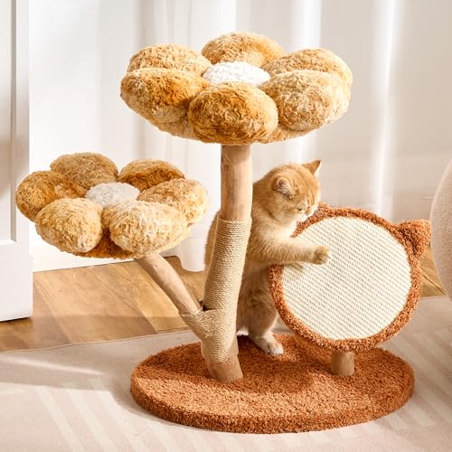 Modern Natural Solid Wood Cat Tree Tower for Indoor Cats Large Adult, 30 inch Flower Cat Tree with Scratching Post, Luxury Aesthetic Cat Tree with Cloud-Soft Flower Perches and Sisal Scratching Pad - color: caramel orange, size: 30 inch-Cat Scratcher