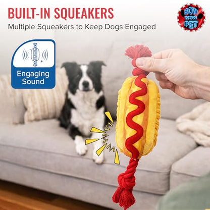 Bow Wow - Hot Dog Squeaky Plush Dog & Cat Toy with Crinkle Sound | Soft Chew Interactive Pet Toy | Small to Medium Dogs & Cats | Food Shape Plush Toy for Tug, Toss & Fetch | Canvas & Plush - color: Hot Dog
