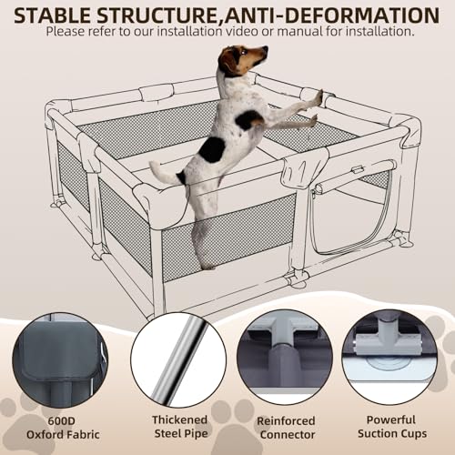 Dog Playpen Oxford Fabric Dog Fence with Washable Pee Pads,50 x 50 x 26 Inches,Steel Pipe,Breathable Mesh, Zipper Gate, Portable Indoor Outdoor Pet Fence Cage for Whelping,Dog Kennel Crate, Grey