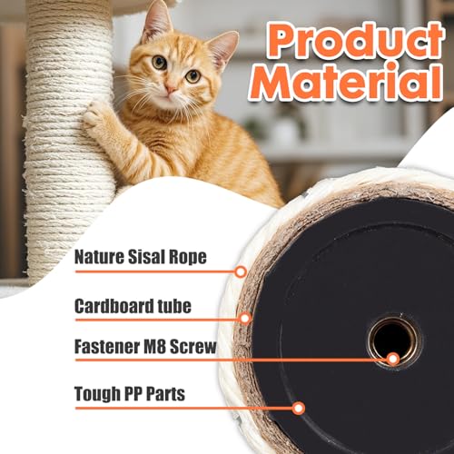 PowerKing Natural Sisal Replacement Scratching Post, 4 Pieces M8 Cat Scratch Post Refill Pole Parts for Refurbishment, White, Include Screws, White, 15.74''+15.74''+7.87''+7.87'' - color: White, size: 15.7''+15.7''+7.87''+7.87'' (2.67''Thick)