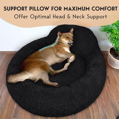 PetJett Calming Dog Bed Medium Size Dog - 30'' Donut Bed, Anti-Slip & Washable Super Soft Fluffy Plush Round Bed, Anti-Anxiety Premium Comfort Pet Bed, Fits Dogs up to 45 lbs - Black - color: Black, size: Medium - 30”L x 30”W x 8”Th