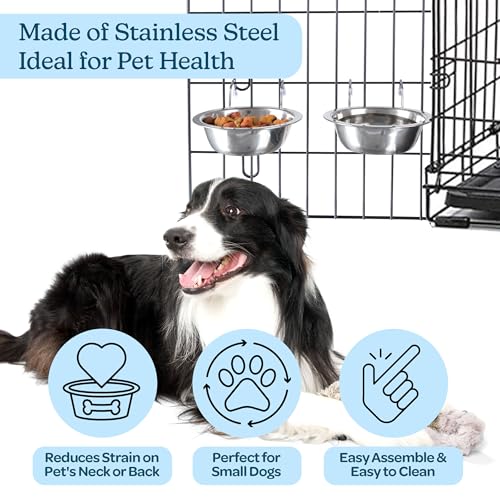 Set of 2 Stainless-Steel Dog Bowls - Cage, Kennel, and Crate Hanging Pet Bowls for Food and Water - 8oz Each and Dishwasher Safe by PETMAKER, Silver - size: 8oz