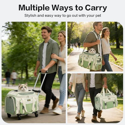 Cozy Cruiser Pet Carrier with Wheels,TSA Airline Approved, Expandable Space, Soft-Sided & Collapsible Design,Rolling Travel Bag with Telescopic Handle for Small Dogs and Cats - color: Green