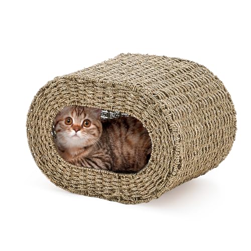 Cat House,Handwoven Cat Cave Pet Cube, Natural Cat Beds Indoor Kitten House with Double-Sided Soft Cushions, Pet Cat House for Multiple Cats, for Living Room Bedroom - color: Seagrass, size: 20.7inch*14.5*14.5