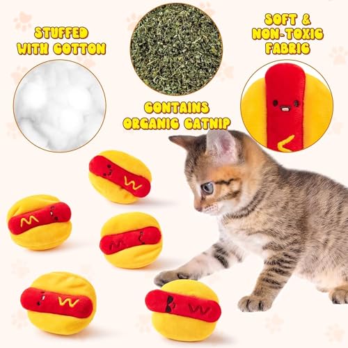 Hot Dog Catnip Stuffed Toys for Cats - 5Pcs Pet Days Funny Kitten Toys Indoor Yellow Interactive Pet Supplies, Kitten Chew Bite Tools Cat Lovers Gifts, Organic Eco-Friendly Birthday Present - style: Funny Hotdog