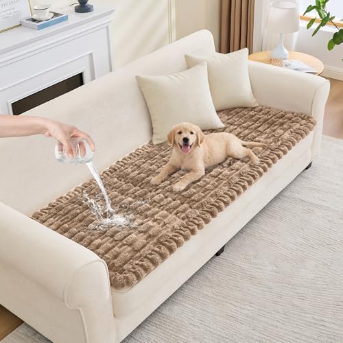 Waterproof Dog Couch Cover, Non Slip Pet Sofa Protector, Thick Fuzzy Couch Cover for Dogs, Machine Washable Furniture Protector, Scratch Resistant Pet Couch Mat(Leather color, 28" x 83"/70 x 210cm) - color: Leather Color, size: 28''x83''