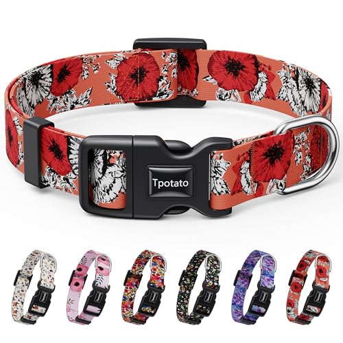 Tpotato Reflective Combination Pattern Girl Dog Collar for Puppy Small Medium Large Breed Dogs,Female Cute Floral Designer Dog Collars,Adjustable Soft Nylon Pet Collar,Quick Release Dog Collar XL - color: floral, size: XL（Neck 18"-28",Wideth 1.3")