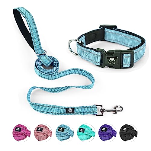 Dog Collar and Leash Set,Reflective Dog Collars with Quick Release Buckle,Adjustable Nylon Pet Collar for Small Medium Large Dogs(Medium,Blue) - color: Blue, size: Medium