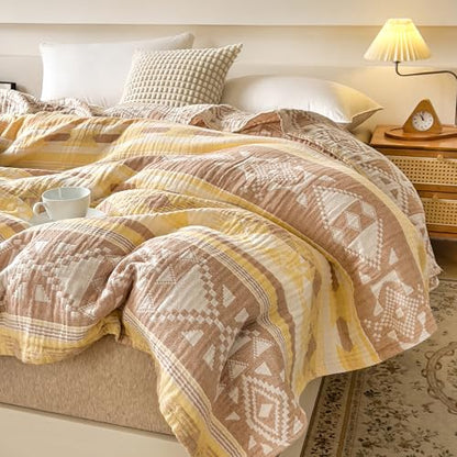 MEJU Muslin All Season Blanket for Bed Sofa Couch, 100% Combed Cotton 3 Layer Soft Warm Quick Dry Throw Blanket Bed Coverlet Sheet (Boho Yellow, Twin 60 in x 80 in) - color: Boho Yellow, size: Twin 60 in x 80 in