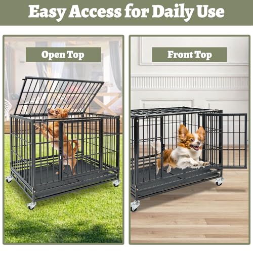 Two Levels 36 Inch Stackable Heavy Duty Dog Crate Cage Medium Sized Dog with Top Access, Basic Dog Crates for Small Medium Dogs 2 Door Dog Kennel Indoor with Tray and Wheels - size: 36 Inch-2 Pack