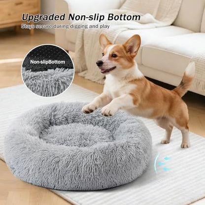 Calming Donut Dog Bed for Small to Medium Dogs & Cats - Plush Faux Fur Anti-Anxiety Pet Bed with Machine Washable Cover & Non-Slip Base - color: Light gray, size: Small 19.6''
