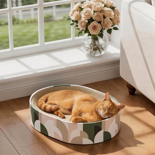 Conlun Cat Scratcher Cardboard,2 in 1 Oval Cat Scratch Pad Bowl for Indoor Kitty Grinding Claw,Round Kittens Scratching Board Corrugated Lounge Pet Beds&Furniture Protector for Couch&Carpets&Sofas - color: Semicircle, size: Medium(16.9"L x 12.9"W x 3.9"Th