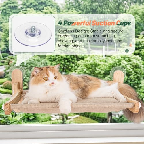 Large Foldable Cat Window Perch - Natural Pine Cat Sill Seat, 50LBS Heavy Duty Cordless Design, Space-Saving No-Scratch Window Hammock for Indoor Cats - size: Large