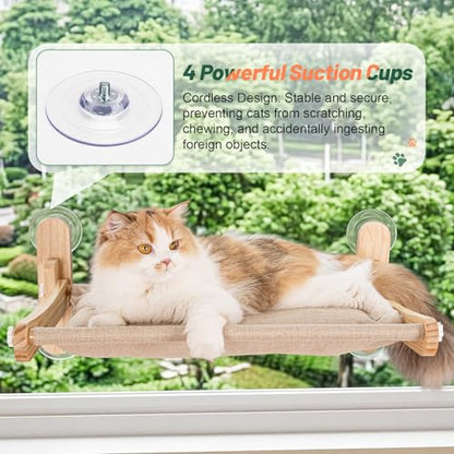 Large Foldable Cat Window Perch - Natural Pine Cat Sill Seat, 50LBS Heavy Duty Cordless Design, Space-Saving No-Scratch Window Hammock for Indoor Cats - size: Large