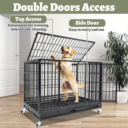 Heavy Duty Large Dog Crates for Large Dogs with Wheels, 47 Inch Metal Wire Stackable Dog Crate Cage with 2 Removable Trays, Multi Locks, Chew Proof Escape Proof Dog Kennel Indoor - size: 47.0"L x 29.0"W x 35.0"H