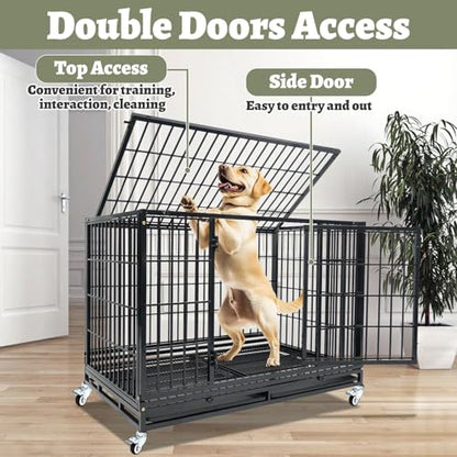 Heavy Duty Large Dog Crates for Large Dogs with Wheels, 47 Inch Metal Wire Stackable Dog Crate Cage with 2 Removable Trays, Multi Locks, Chew Proof Escape Proof Dog Kennel Indoor - size: 47.0"L x 29.0"W x 35.0"H