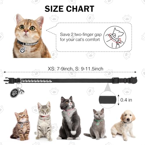 Leather Personalized Breakaway Cat Collar with Studded Bell and Safety Quick Release Buckle - Rivets Studded ID DIY Collars for Boy Girl Cats Kittens, Black XS - color: Black, size: 7"-9"
