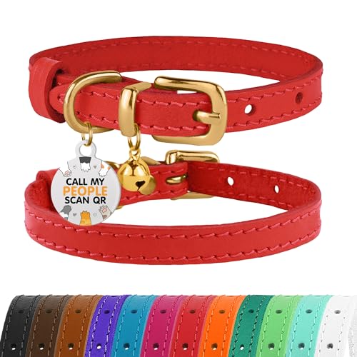 Leather Cat Collar with Removable Bells Non Breakaway Kitten QR Tag for Girl Boy (7" - 9" for Cats, Red & Gold) - color: Red & Gold, size: 7 - 9 inch