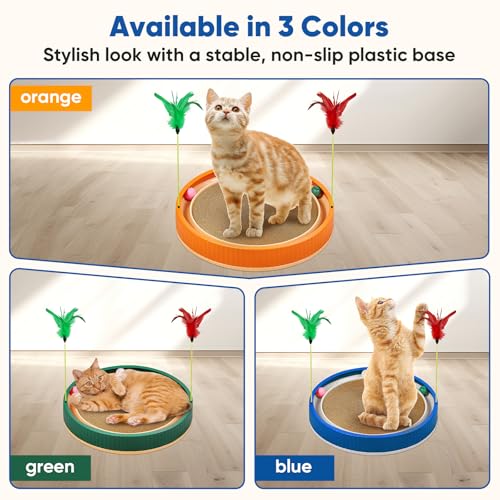 20-Inch Round Cat Scratcher with Ball Track – 3-in-1 Cardboard Scratching Pad with Feather Toy & Non-Slip Base – Interactive Cat Toy for Indoor Cats, Kittens & Large Cats (Blue) - color: Blue