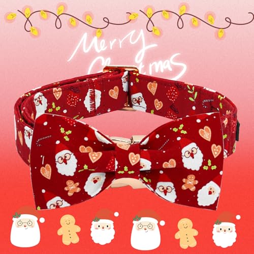 Elegant little tail Christmas Dog Collar, Winter Santa Claus Pet Collars Bow Red Metal Buckle Collar Puppy Girl Boy Holiday Cotton Soft Bowtie Adjustable Dog Collar for X-Small Dogs - color: Heart with Santa Claus, size: X-Small (Pack of 1)