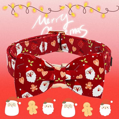 Elegant little tail Christmas Dog Collar, Winter Santa Claus Pet Collars Bow Red Metal Buckle Collar Puppy Girl Boy Holiday Cotton Soft Bowtie Adjustable Dog Collar for X-Small Dogs - color: Heart with Santa Claus, size: X-Small (Pack of 1)