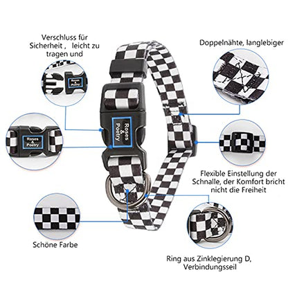Roses&Poetry Dog Collar with Colourful Checkered Patterns, Adjustable Durable Puppy Collars for Small Medium Large Dogs (Black & White-XS) - color: Checkered, size: XS