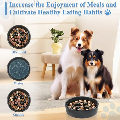 Ceramic Slow Feeder Dog Bowls, 1 Cups Dog Food Dish for Small and Medium Breed, Puzzle Dog Food Bowl for Fast Eater, 15OZ, 6.3 inch(Black) - color: Black-M