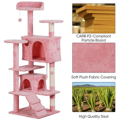 Nova Microdermabrasion 54 in Cat Tree Tower for Indoor Cats Multi-Level Cat Condo Cat Bed Furniture with Scratching Post Kittens Activity Center (Pink) - color: Pink