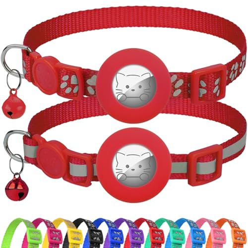 Joytale AirTag Cat Collar 2 Pack with Breakaway Safety Buckle, Reflective Cats Collar with AirTag Holder, Adjustable 7.5-12.5 Inch, Anti-Fraying Lightweight for Girl Boy Kitten, Red - color: Red