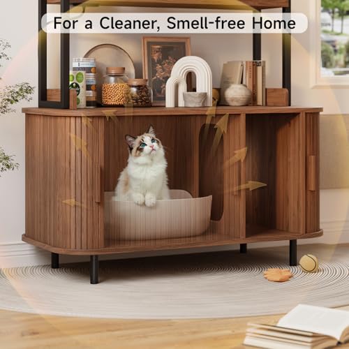 ONBRILL 54 Inch Hidden Litter Box Furniture with Shelves and Outlets,Fluted Cat Litter Box Enclosure, Mid-Century Modern Wooden Cat House with Sliding Tambour Door and Hooks, Walnut - color: Walnut