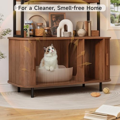 ONBRILL 54 Inch Hidden Litter Box Furniture with Shelves and Outlets,Fluted Cat Litter Box Enclosure, Mid-Century Modern Wooden Cat House with Sliding Tambour Door and Hooks, Walnut - color: Walnut